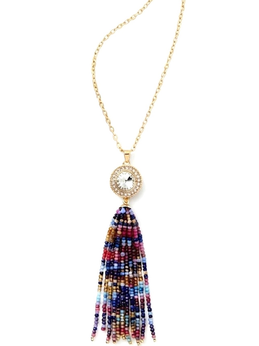 Artisan Gold Beaded Tassel Necklace with Crystal Accent